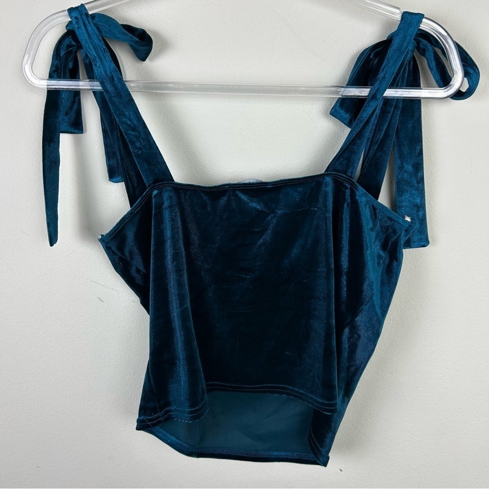 Lulus Glam Teal Blue Velvet Tie-strap cropped tank top size: L - Picture 10 of 12